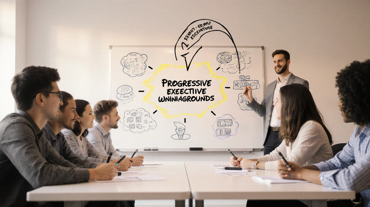 Imagineers brainstorming around whiteboard table with sketches and bold concept showing progressive persuasion arrow