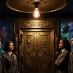 Diverse uniformed imagineers gather at ornate brass door with Imagination Control Center sign and flickering bulb