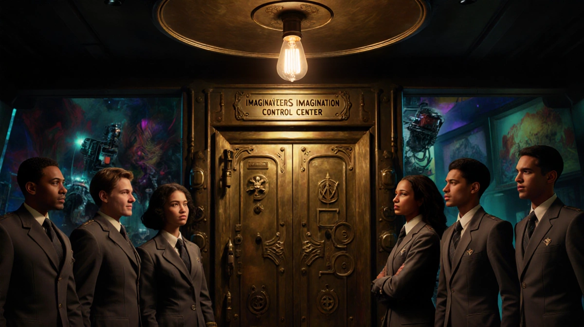 Diverse uniformed imagineers gather at ornate brass door with Imagination Control Center sign and flickering bulb