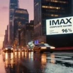 IMAX screen shows 96% rating with neon cityscape and traffic lights reflecting on wet streets