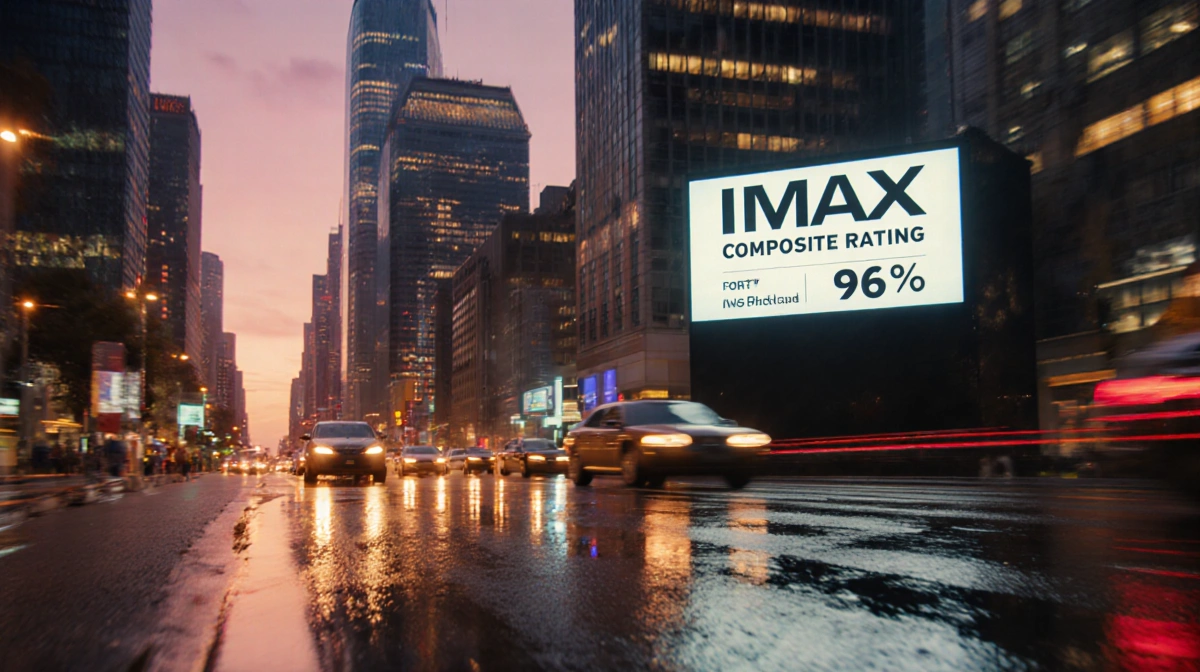 IMAX screen shows 96% rating with neon cityscape and traffic lights reflecting on wet streets