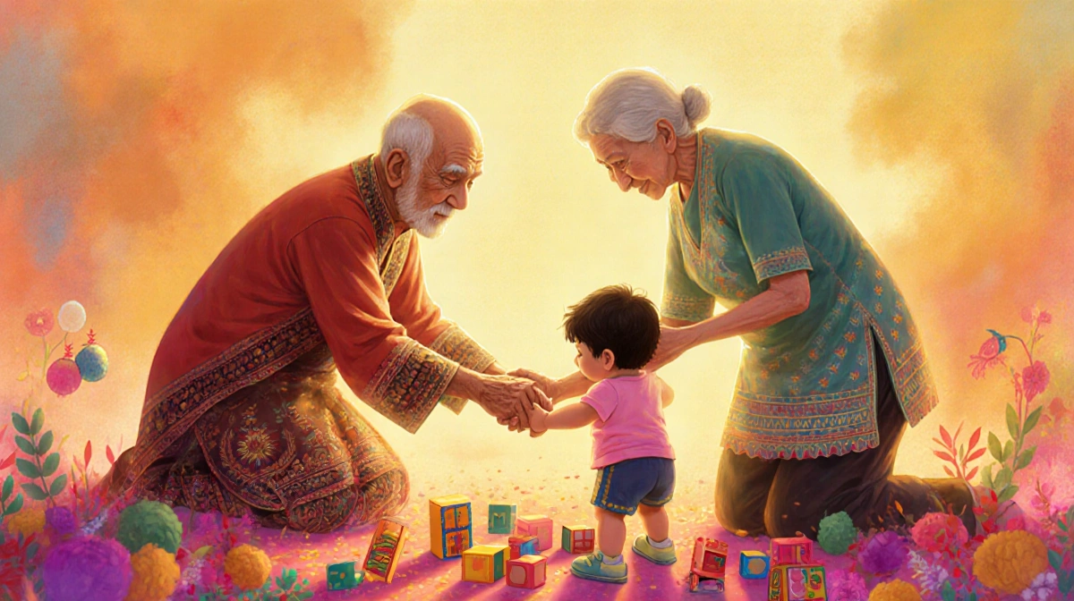 Elderly immigrant couple embracing while watching grandchild play with colorful toys and traditional cultural patterns showin