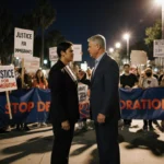 Protesters holding signs against ICE operations with diverse crowd forming human chain around city hall