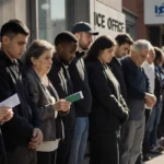Diverse group waiting outside ICE office with anxious faces clutching documents and identification papers