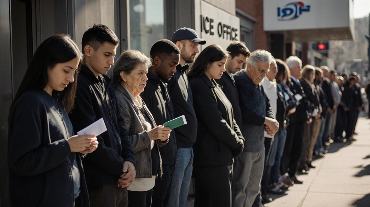 Diverse group waiting outside ICE office with anxious faces clutching documents and identification papers