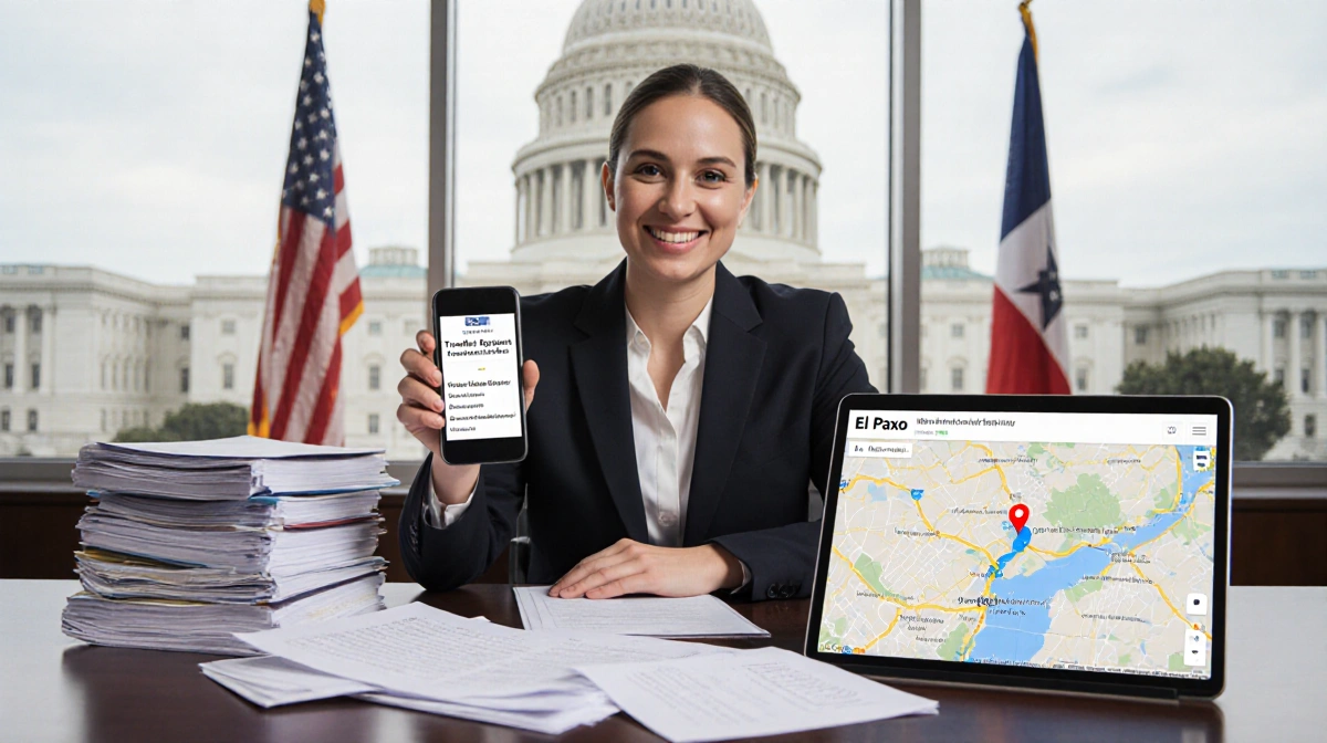 Immigration attorney smiles while holding phone with transfer request and showing map comparing El Paso facility with current