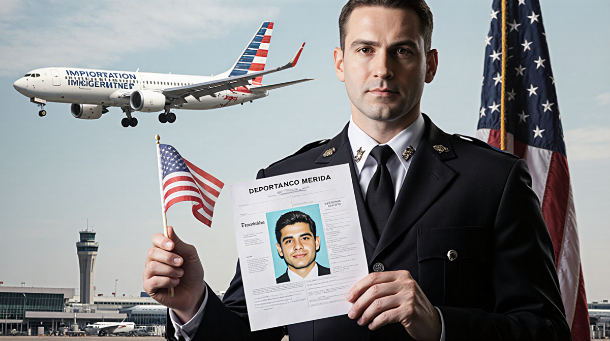 Immigration officer holding a flag and a deportation order with Angel Franco Merida's face image near a flight evoking injust