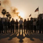 44 diverse people clasping hands with sunset backdrop and National Guard flags near smoky skyline