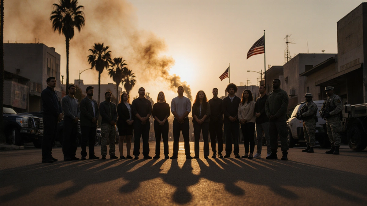 44 diverse people clasping hands with sunset backdrop and National Guard flags near smoky skyline