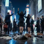 People in business attire surrender to officers with designer handbags and shoes scattered on wet pavement