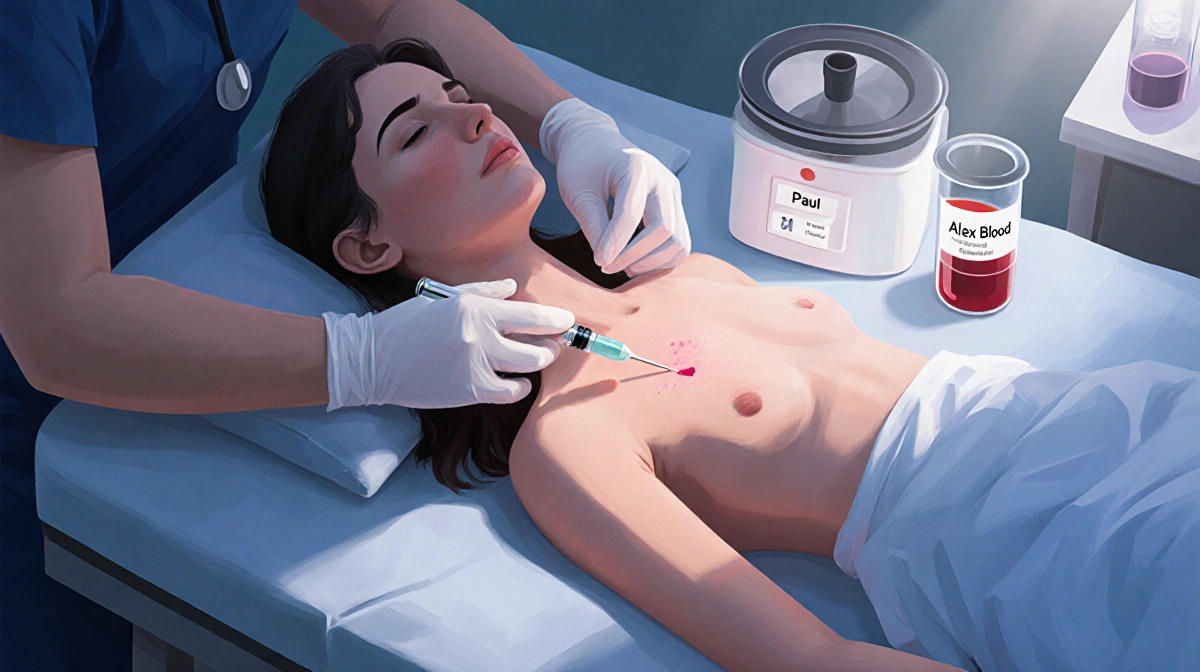 Alex receiving immunotherapy injection with labeled blood sample and medical equipment showing sterile treatment environment