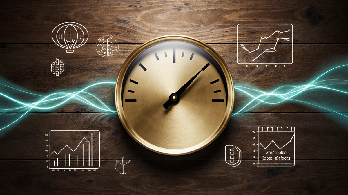 Imperial Oil gauge sits on wood with glowing blue-green energy lines and trading icons showing elite ranking