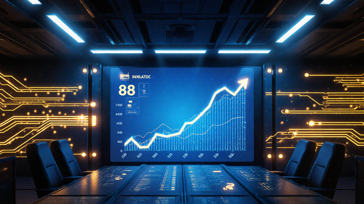 Oil rig control room displays rising stock graph with golden growth lines and energy icons showing upward momentum