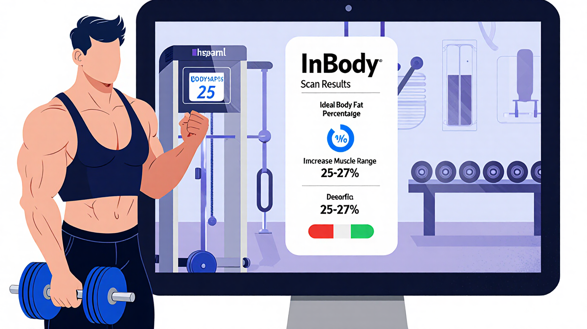 Person squatting with digital InBody screen showing body fat percentage and ideal 25-27% range near gym weights.