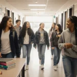 Students walk and laugh together in bright hallway with Safe-Zone murals and textbooks showing academic gains