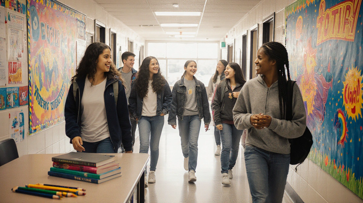 Students walk and laugh together in bright hallway with Safe-Zone murals and textbooks showing academic gains