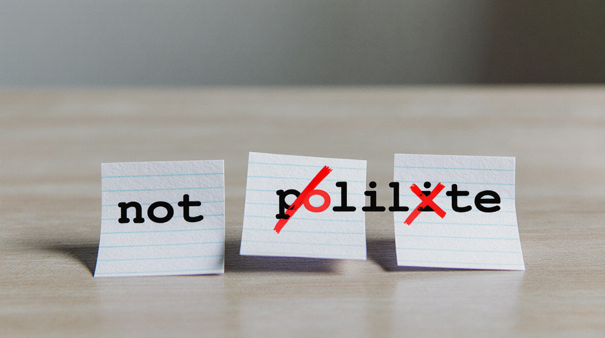 Table displaying three index cards forming a word puzzle with a red X on one card indicating not polite