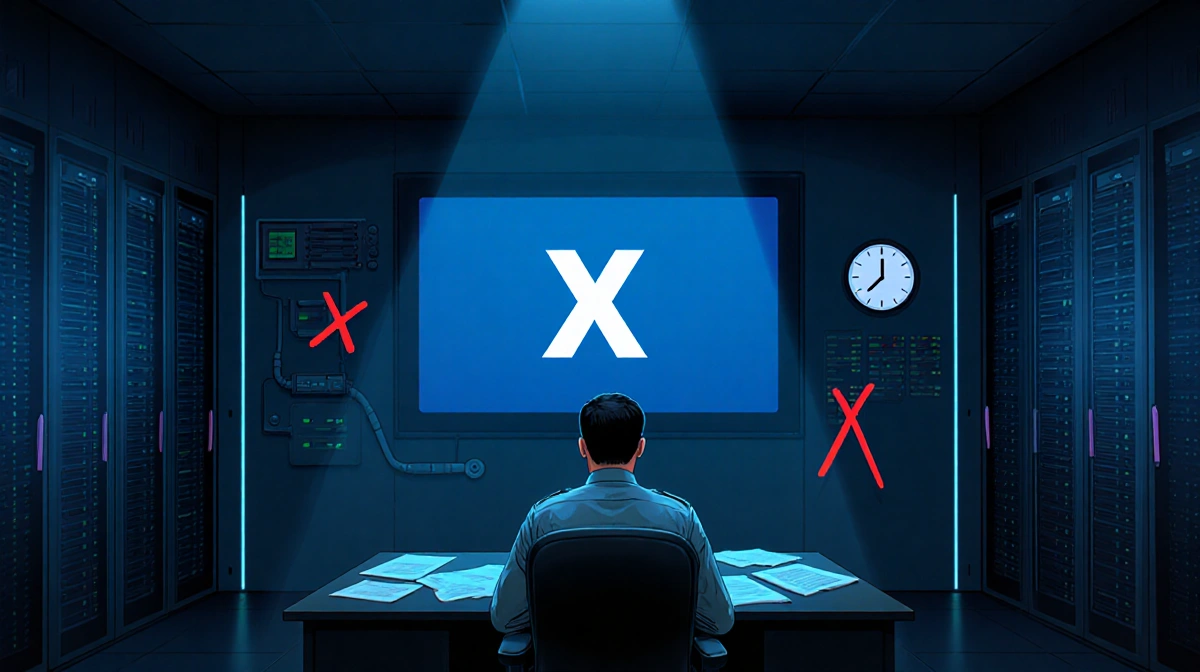 Indian government official sits at desk with X logo screen and server walls in dimly-lit control room