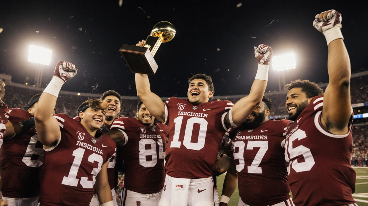 Fernando Mendoza holds the Heisman Trophy with Indiana football team celebrating their national championship victory under go