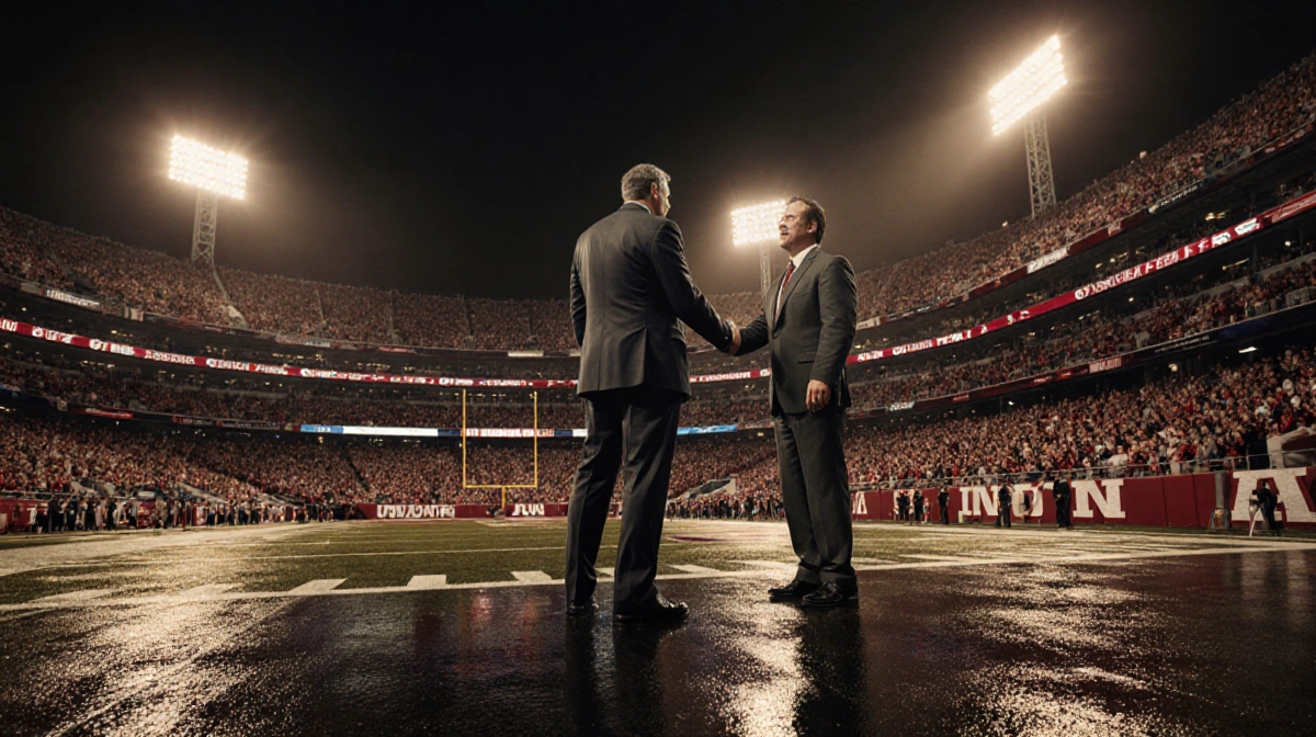 Coach Cignetti stands on the field with Mark Cuban shaking hands and packed Indiana football stadium lights glowing behind th