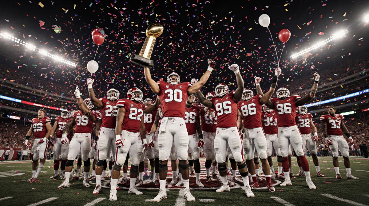 Hoosiers players celebrate victory with trophy and confetti under Rose Bowl lights and Alabama team defeated