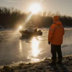 Rescue boat glides across frozen pond with orange-jacketed rescuer watching from icy shore at Indiana emergency scene