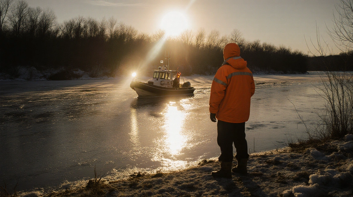 Rescue boat glides across frozen pond with orange-jacketed rescuer watching from icy shore at Indiana emergency scene