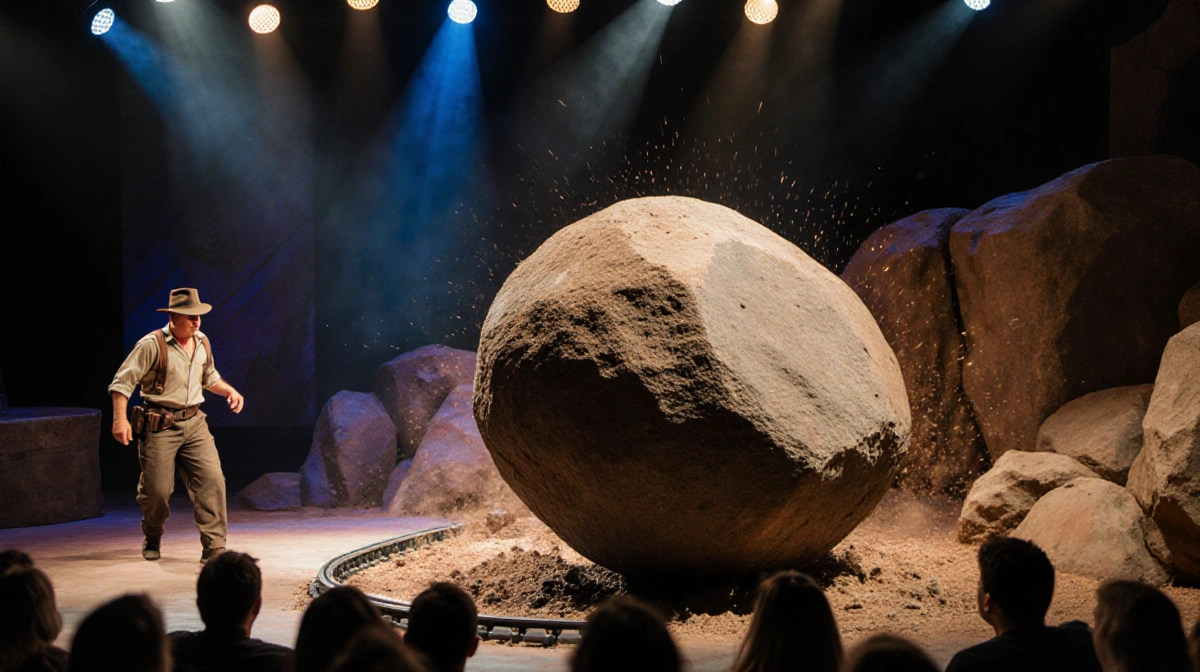 Large boulder rolling off track during Indiana Jones stunt show at Disney World with audience members reacting in background