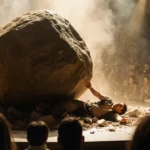 Indiana Jones stunt performer lying motionless on stage with massive boulder and debris nearby