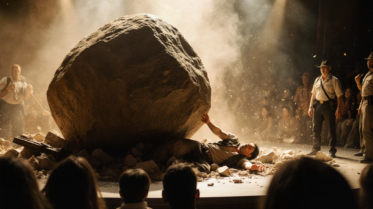 Indiana Jones stunt performer lying motionless on stage with massive boulder and debris nearby