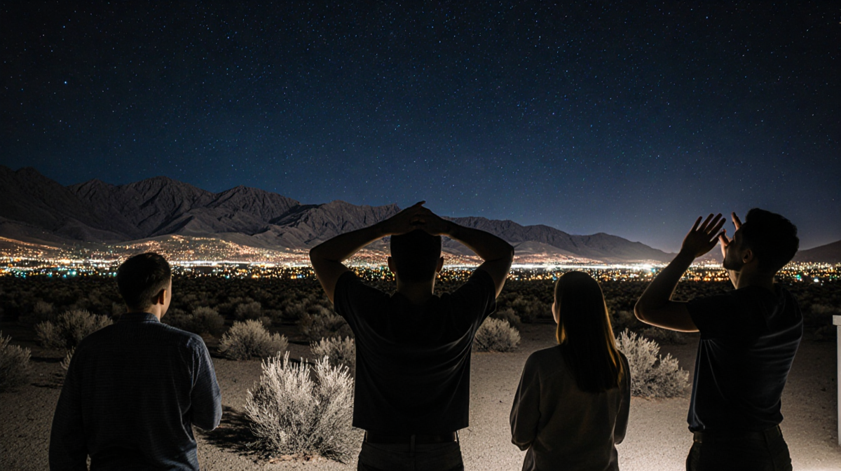 People raise hands to shield themselves from debris with San Jacinto Mountains Palm Springs in valley.