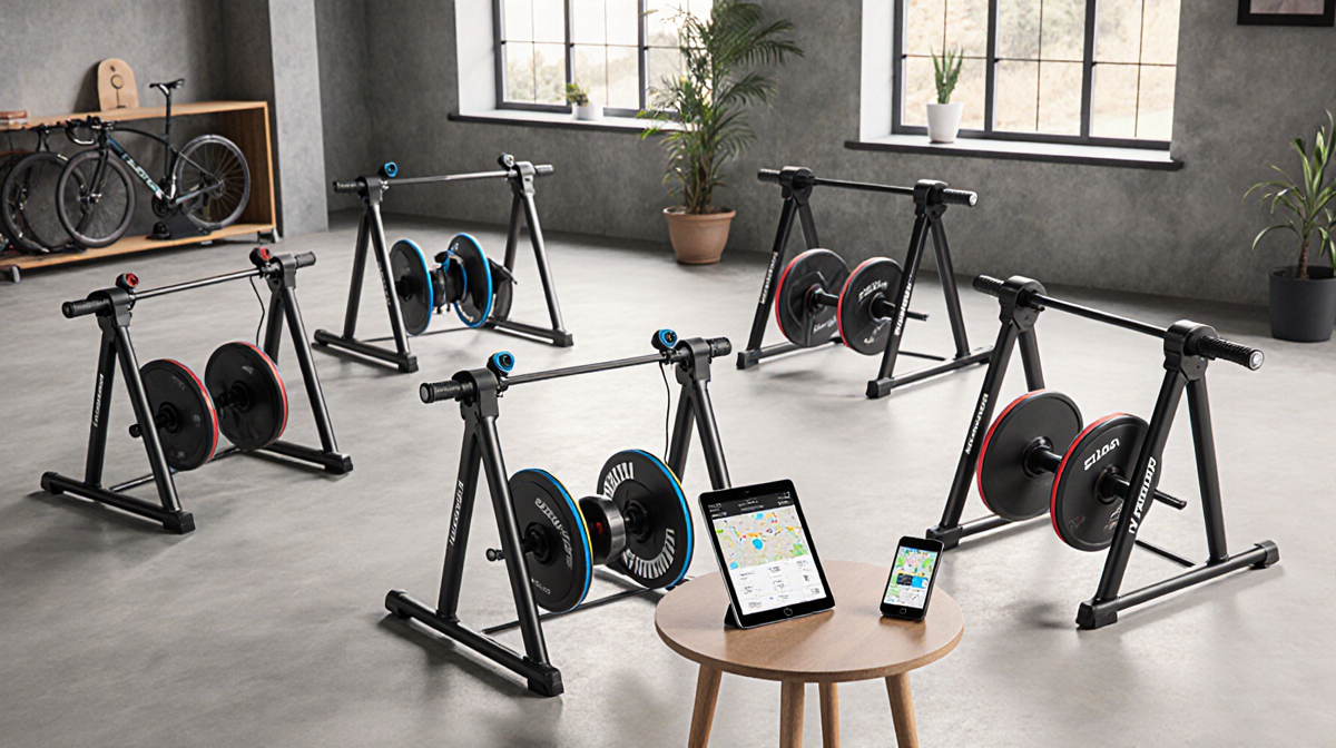 Indoor bike trainers arranged in a circle in a modern home gym with a tablet showing a fitness app
