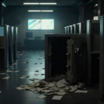 Old safe spills cash into empty bank hall with dim lights and glowing AI screens