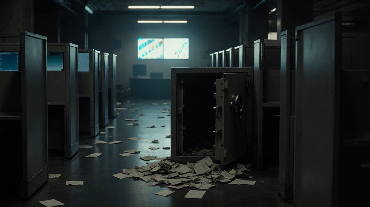 Old safe spills cash into empty bank hall with dim lights and glowing AI screens