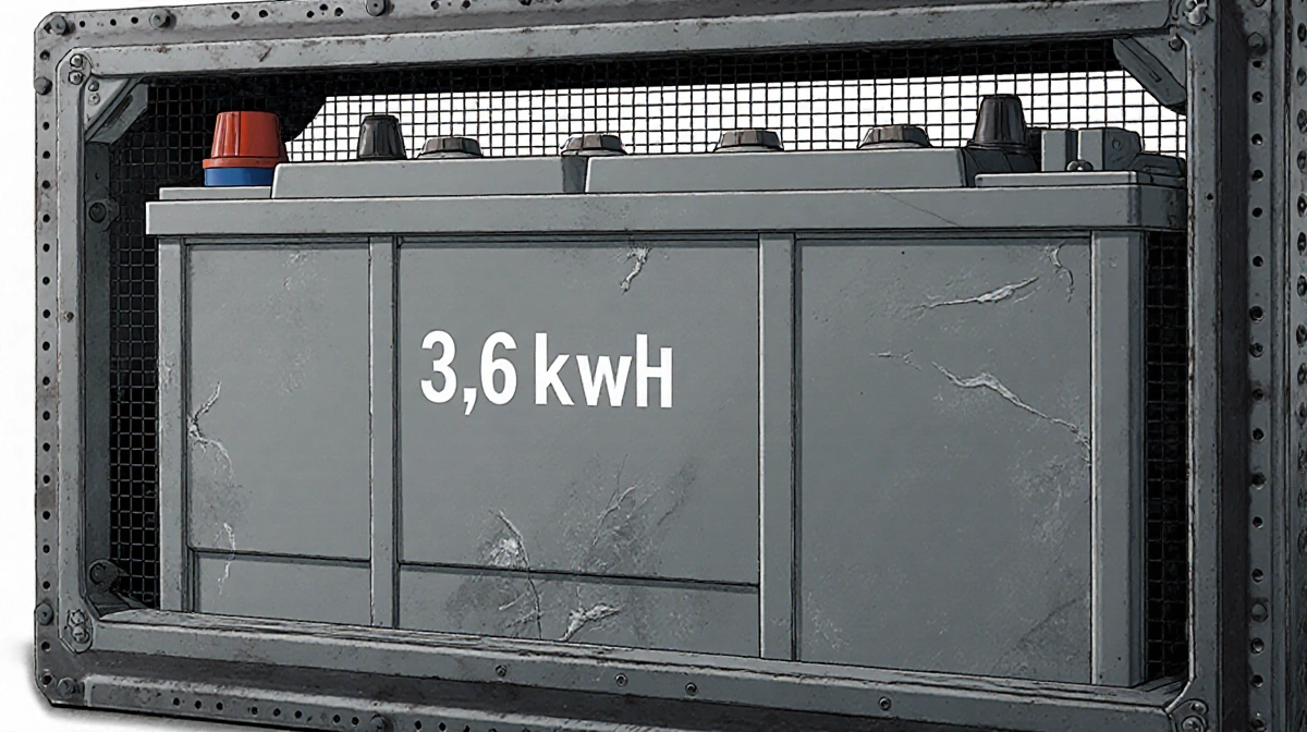 Industrial battery pack showing 3.6kWh capacity with metallic grid housing and worn surface showing thousands of charge cycle
