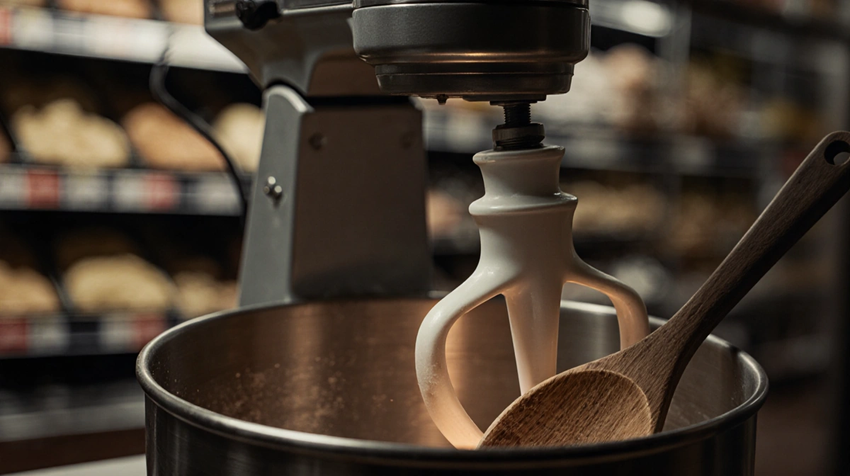 Industrial dough mixer spins with worn wooden spoon leaning against metal frame and warm glow