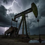 Industrial drilling rig stands tall with lightning flashing overhead and oil slick pooling near weathered metal covered in vi