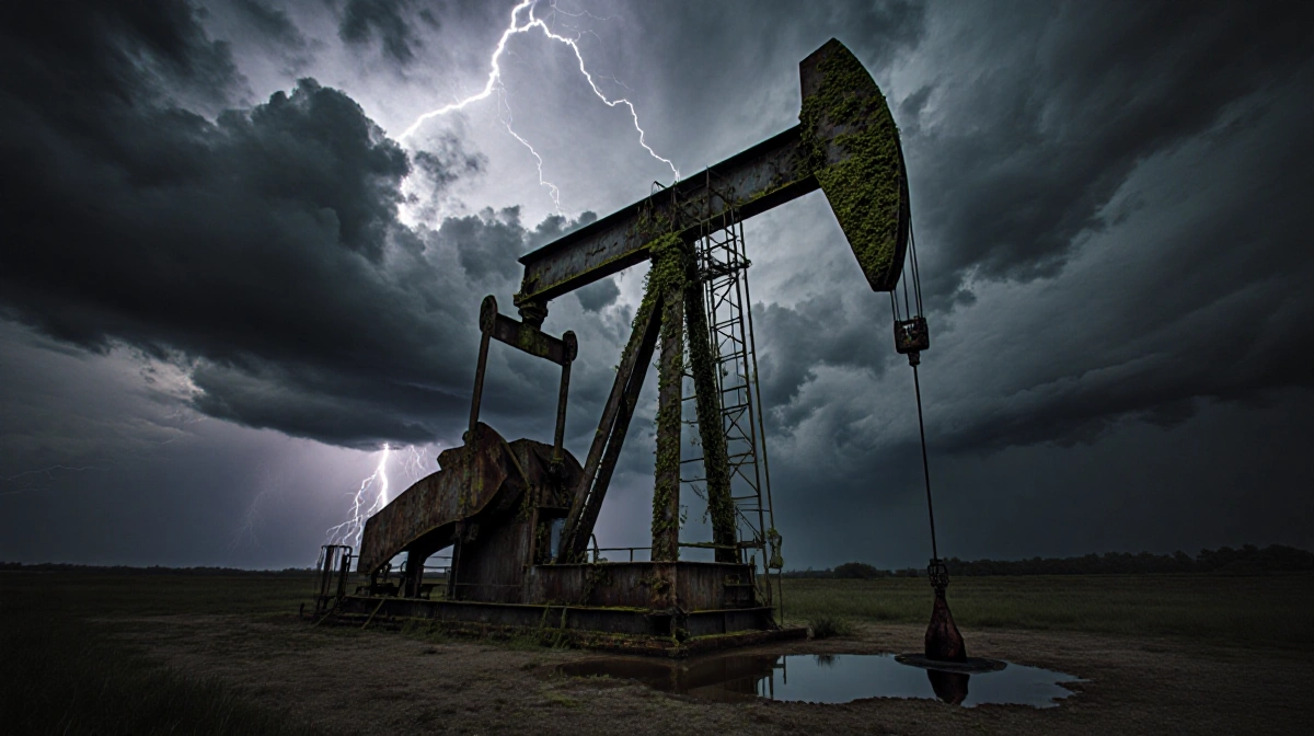 Industrial drilling rig stands tall with lightning flashing overhead and oil slick pooling near weathered metal covered in vi