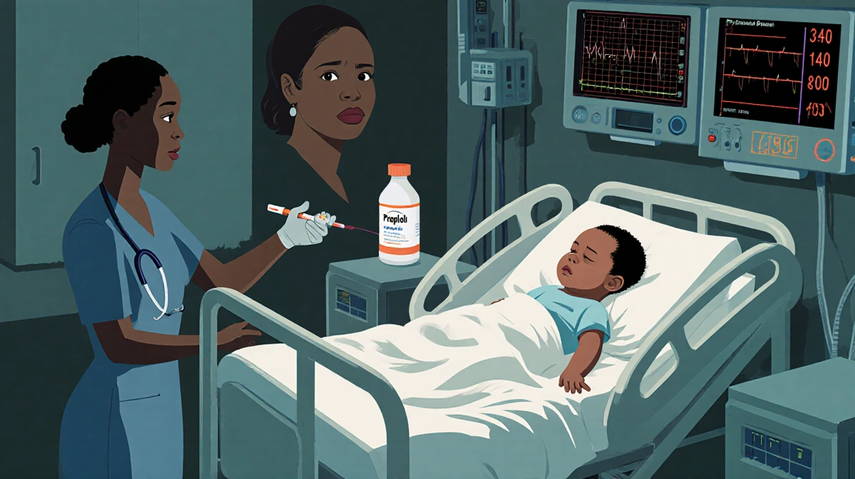 Nurse administering medication to infant in incubator with medical monitors showing vital signs and propofol bottle nearby