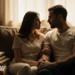 Couple holding hands on worn couch with fertility books and unopened pregnancy tests showing their journey with hope