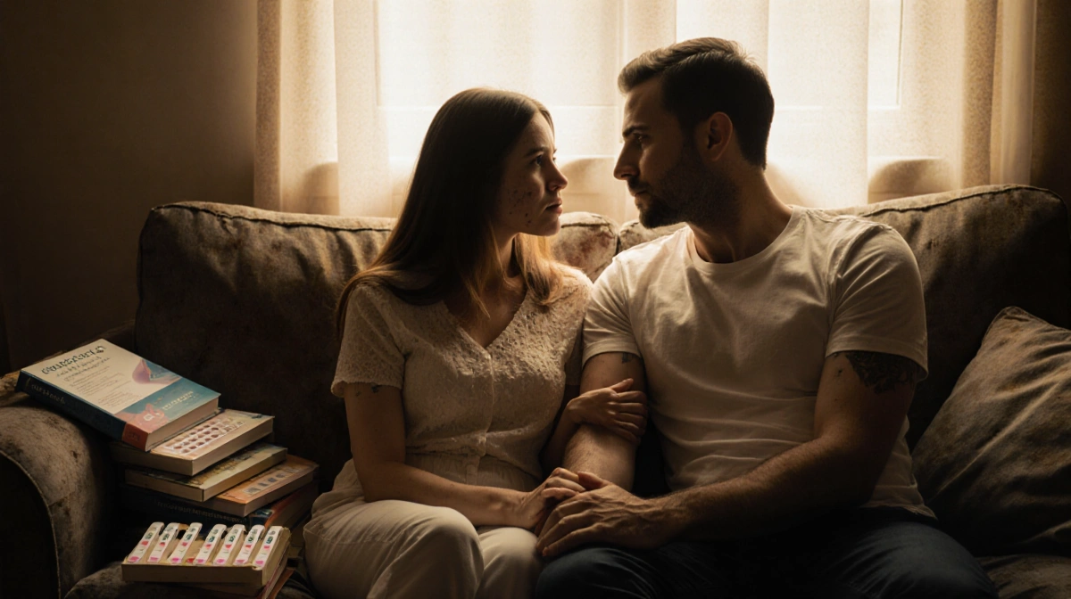 Couple holding hands on worn couch with fertility books and unopened pregnancy tests showing their journey with hope