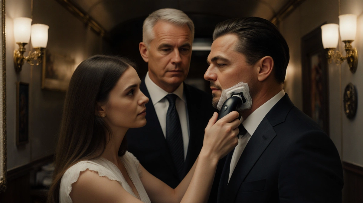 Chase Infiniti gently shaving Leonardo DiCaprio's face with an electric shaver in a dimly lit trailer setting, emphasizing th