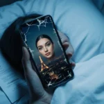 A cracked phone screen shows a blurred influencer photo with visible eyes and Moscow skyline behind