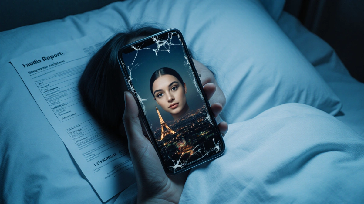A cracked phone screen shows a blurred influencer photo with visible eyes and Moscow skyline behind