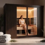 Person relaxes in infrared sauna with glass walls and plush towels near herbal plants