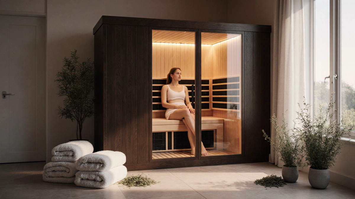 Person relaxes in infrared sauna with glass walls and plush towels near herbal plants