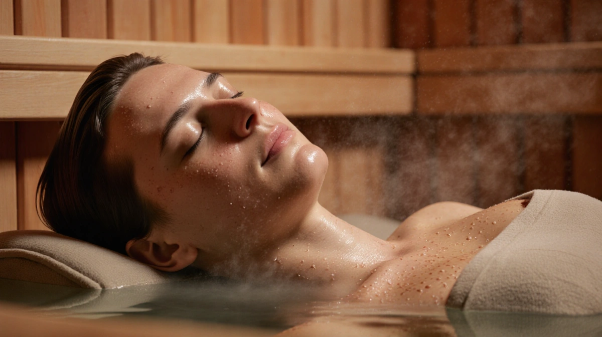 Person relaxing in infrared sauna with closed eyes and glistening sweat on skin showing peaceful expression
