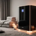 Compact infrared sauna glows with LED edges and digital controls near towels and essential oils in bright home gym