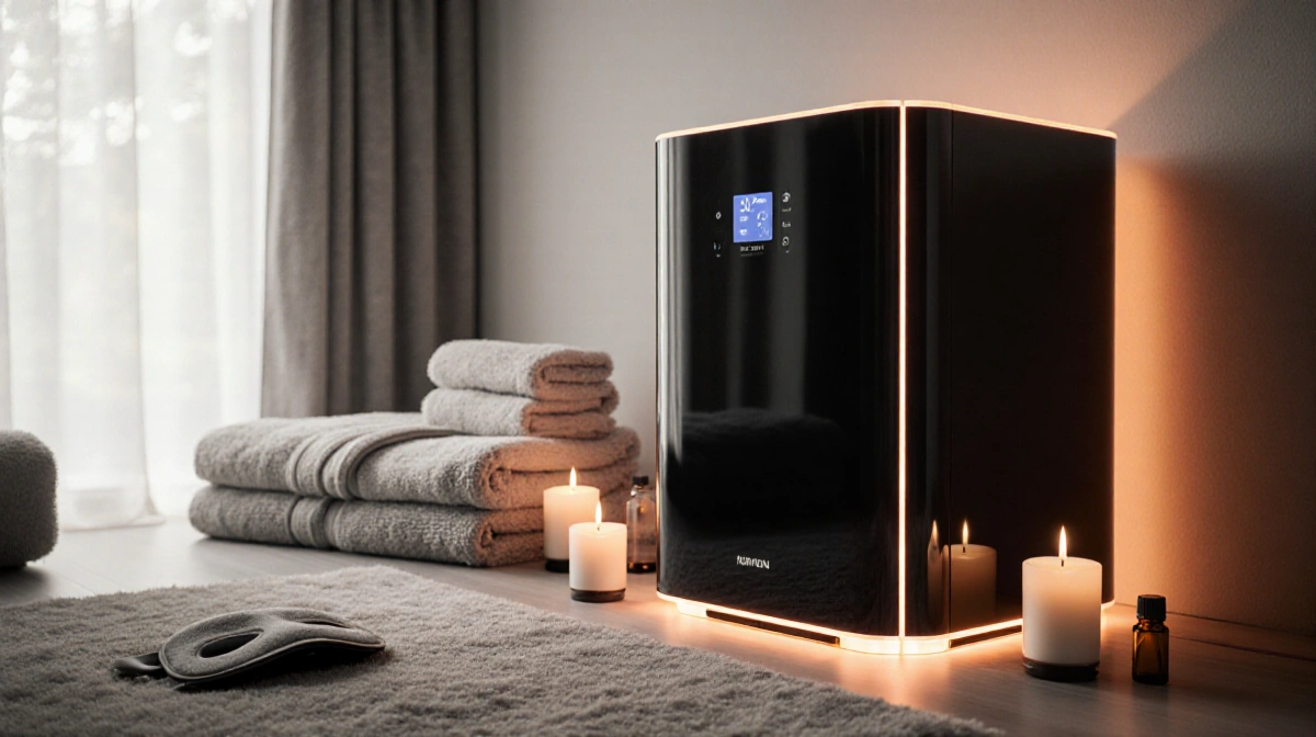 Compact infrared sauna glows with LED edges and digital controls near towels and essential oils in bright home gym
