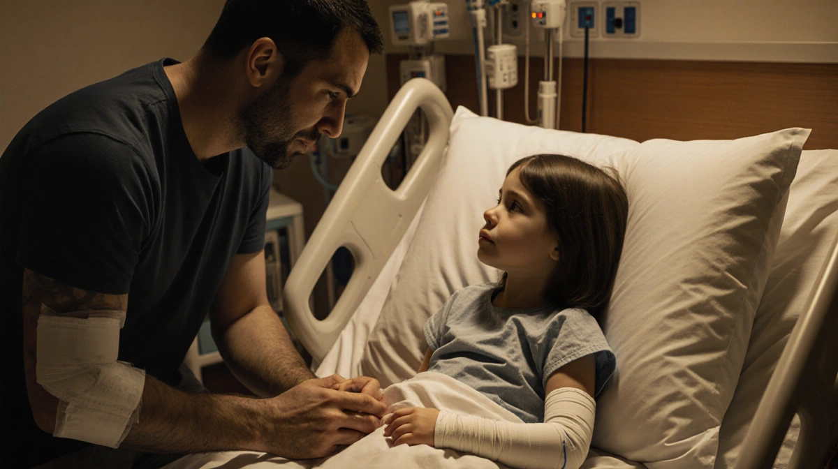 Young girl with bandaged hand sits on hospital bed while injured father holds her hand with tears showing love and hope